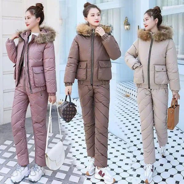 Calças femininas de duas peças Fdfklak Ski Suit Mulheres Jaquetas Inverno Com Capuz Conjunto de Algodão Zipper Fatos Macacões Jaqueta Grande Gola de Pele