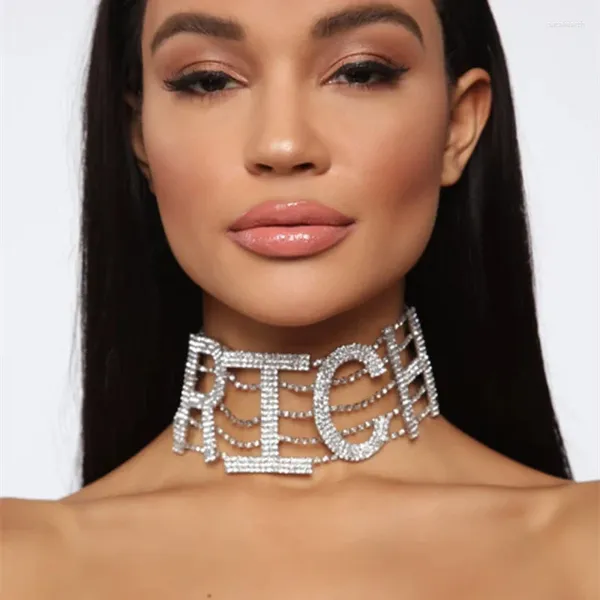 Anhänger Halsketten Mode Strass Große Buchstaben Choker Halskette Für Frauen RICH MONEY Aussage Kragen Kristall Kette Schmuck Großhandel