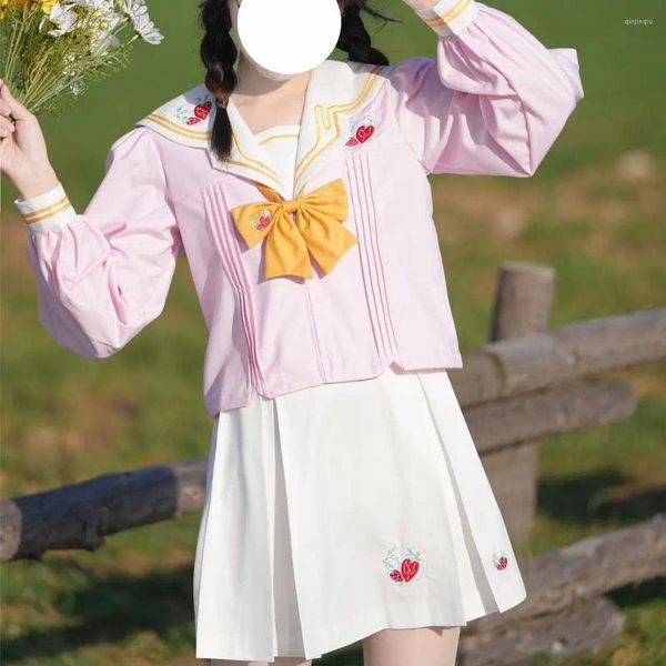 Set di abbigliamento Abito uniforme JK rosa bianco stile college giapponese dolce gonna lunga a pieghe a maniche corte da marinaio ragazza scuola coreana