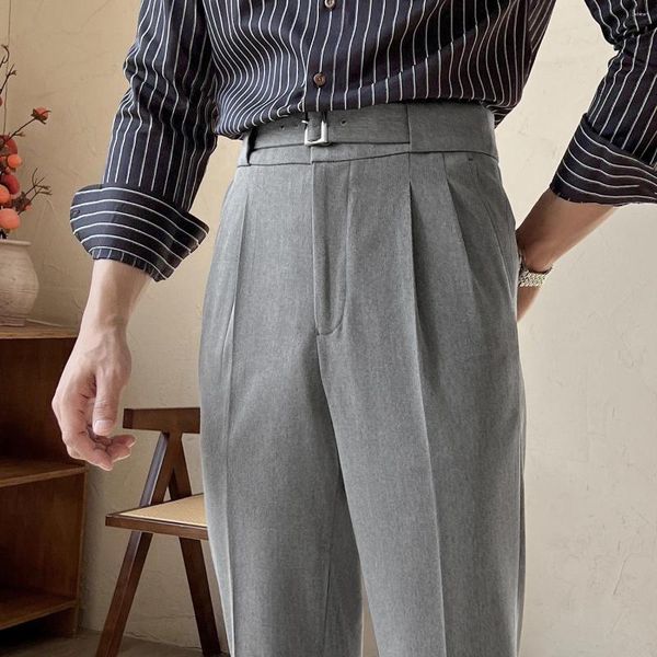Erkekler İngiliz Tarzı Vintage Business Suit Pantolon Elastik Yüksek Belli Sıradan Pantolon Erkek Düğün Ofisi Sosyal