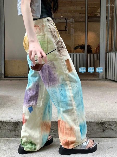 Damenjeans 2023 Sommer Non-Mainstream-Stil handgemalte bunte Graffiti lose Mädchen gerade Beinhosen Mode Denim Frauen