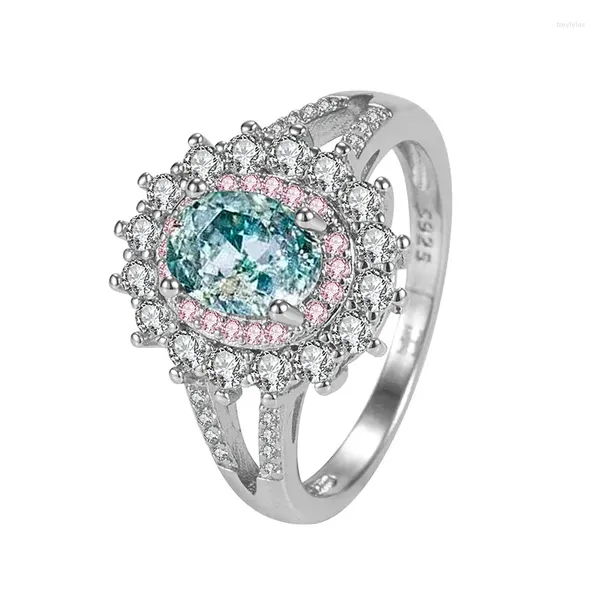 Cluster-Ringe HOYON 925 Silber Farbe Luxus Diamant Topas Ring Damen Verlobung Hochzeit Rosa Kristall Zirkon Geschenk Mode Jewel Box