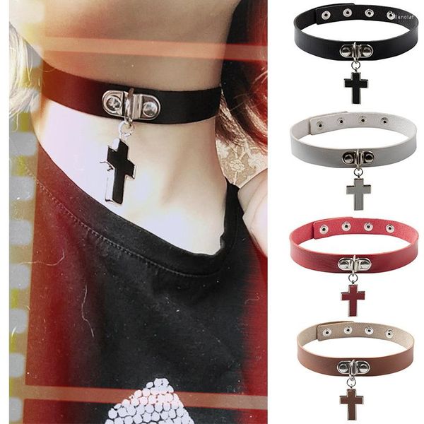 Halsband Gothic Schwarz Weiß Leder Weibliches Halsband Für Frauen Goth Punk Kette Kreuz Halskette Sexy Vegan Chocker Festival Schmuck