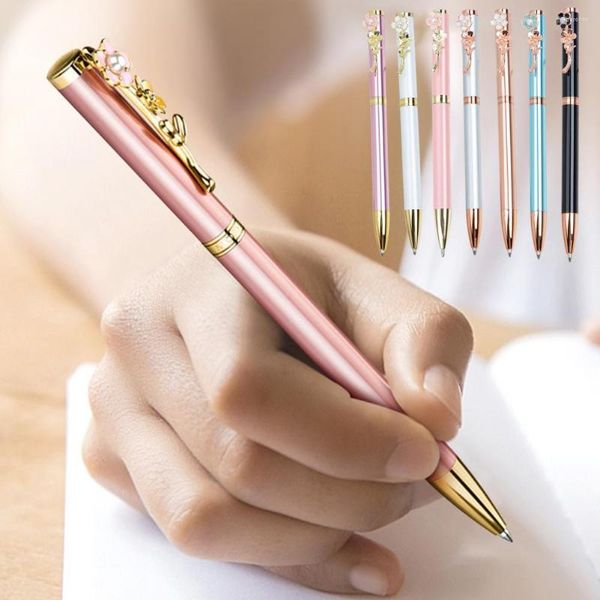 Penna a sfera in metallo Lucido Cancelleria retrattile Firma Simpatico materiale scolastico con clip in fiore di pesco con perle finte