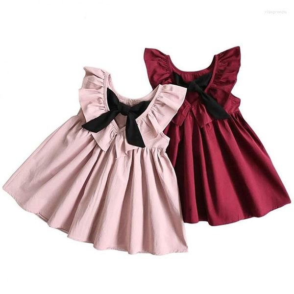 Vestidos garotas garotas fofas garotas de verão de verão bowknot mini vestido de colete de colete infantil infantil algodão casual roupa sem mangas vermelha rosa