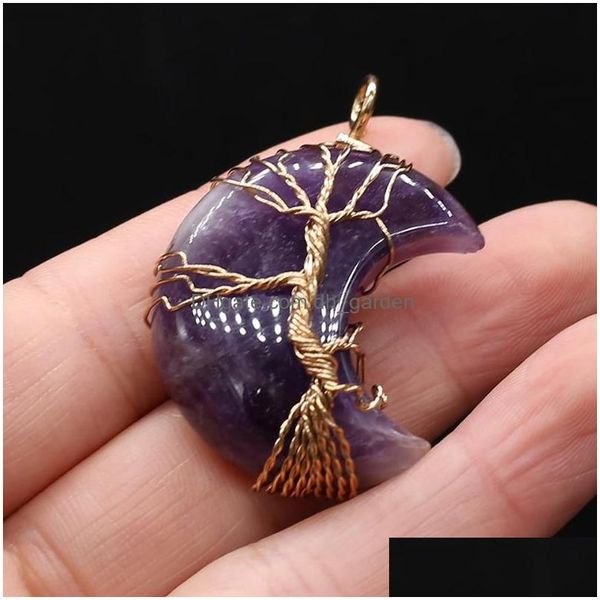 Anhänger-Halsketten Anhänger-Halsketten Naturstein-Anhänger Goldfarbe Wire Wrap Mond Amethyste Schwarze Achate für Schmuck Maki Dhgarden Dhwf3