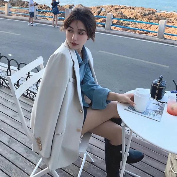 Ternos femininos Lucyever 2023 Outono Turndown Collar Jacket Mulheres Coreano Single-Breasted Texturizado Blazer Senhoras Manga Longa Bolsos Outerwear