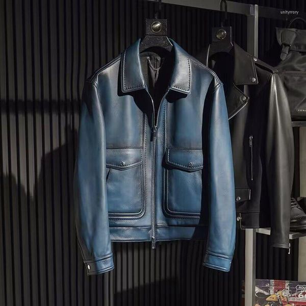 Giacche 2023 Giacca in pelle Classica pelle di vacchetta blu Abbigliamento da uomo Colletto rovesciato Cappotto autunno inverno moto