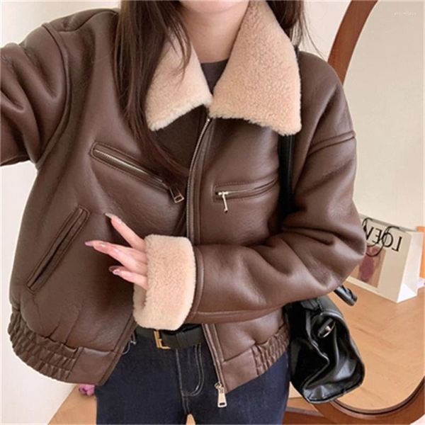 Frauenpelz 2023 Korea Frauen Mode Dicke Warme Kunstleder Lammfell Jacke Mantel Vintage Langarm Taschen Weibliche Oberbekleidung Chic Tops