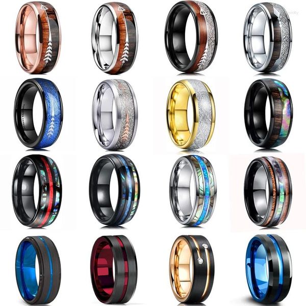 Anéis de casamento 48 estilos 8mm preto escovado homens incrustações de aço inoxidável havaiano koa madeira meteorito anel de seta mulheres presentes de banda