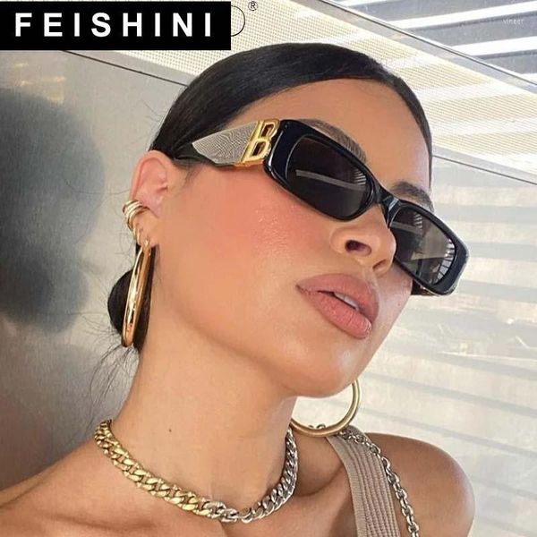 Óculos de Sol FEISHINI Moda Letra B Quadrado Luxo Tendência Feminino Retrô Estreito Retangular Marca Senhoras Óculos de Sol Gafas De Sol