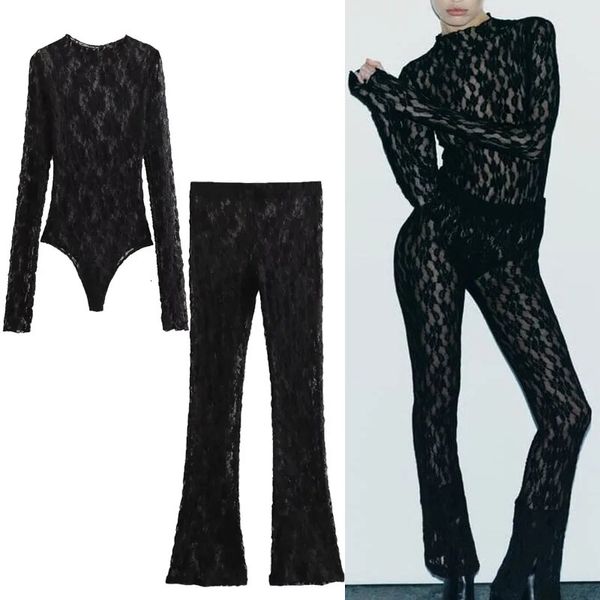 Calças femininas traf mulheres fenda renda leggings preto cintura alta elástica sexy semi sheer chifre leggings renda bodysuits 2023 outono conjunto 231102