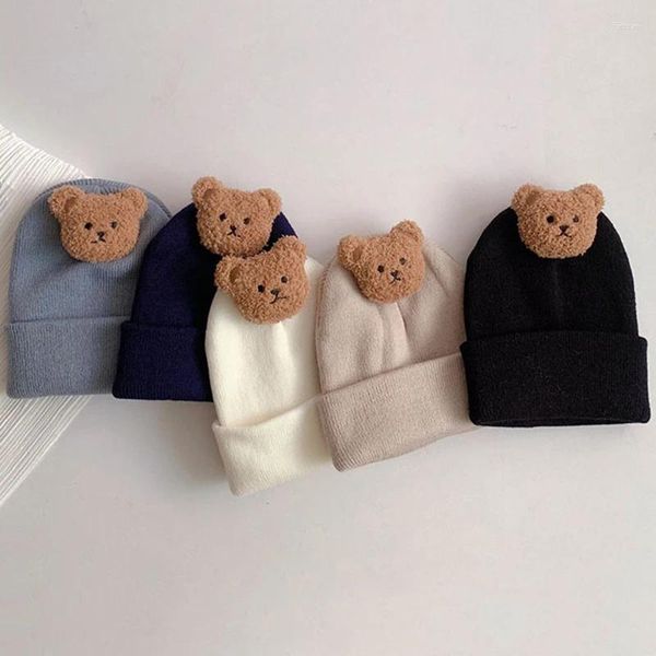 Berets coreano bebê outono inverno chapéu bonito urso de malha quente boné infantil beanie cor sólida menina menino macio crochê chapéus