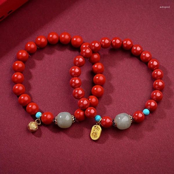 Bracelet à main en cinabre rouge, fil de perles de transfert de Jade, pierre originale à haute teneur en sable impérial, bijoux d'année de vie