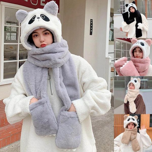 Sciarpe spesse e calde Sciarpa Hijab da donna Simpatico panda Cappello da cartone animato 3 in 1 Scaldacollo per ragazze a doppio strato Avvolgere peluche con cappelli regalo