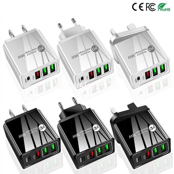 36W Carregamento rápido rápido QC3.0 4 portas Carregador de parede Eu US UK AC Home Travel Type c PD Carregadores Adaptador de energia para IPhone 13 14 15 Samsung Tablet PC b1