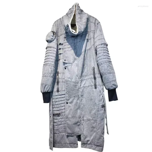 Herrenjacken Dune Waste Soil Style Asymmetrischer Distressed Lammhaar Langer Mantel Jacke Unregelmäßiger Patchwork Woolen Dicker Parka Mantel