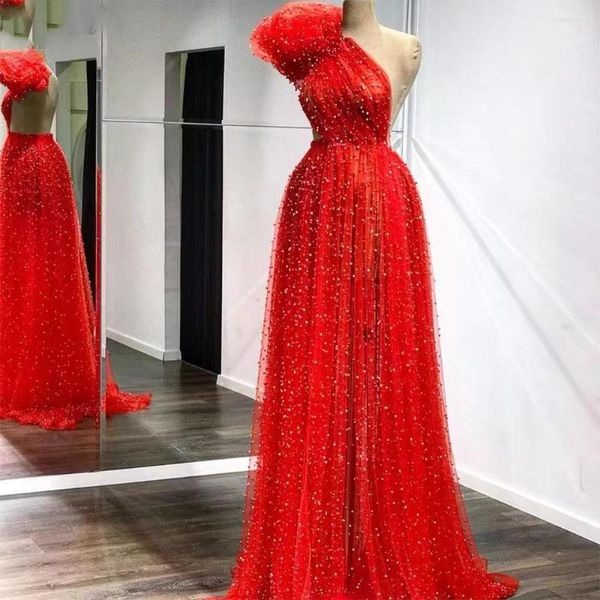 Abiti da festa 2023 Sparkly Red Paillettes A Line Prom For Black Girl One spalla collo alto Illusion abiti da sera arabi formali