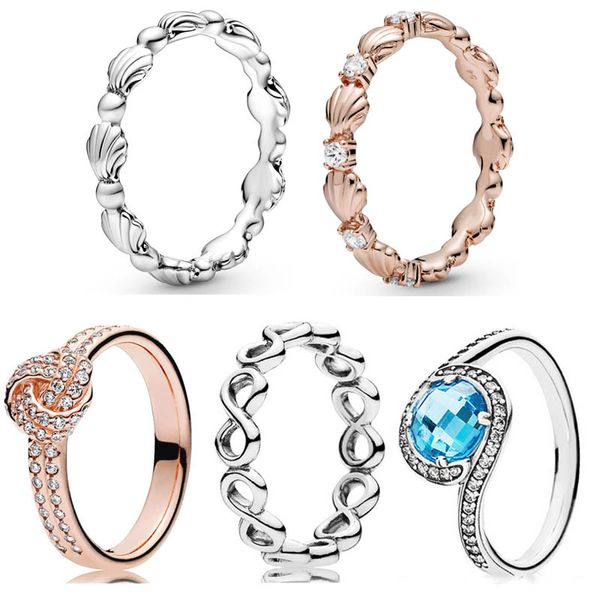 925 Silber Frauen passen Pandora Ring Original Herz Krone Mode Ringe durchbrochene unendliche Liebesknoten Muschel strahlende Verschönerung