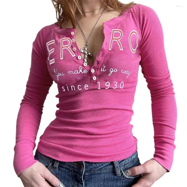 Damen T-Shirts 2023 Y2K Fee Grunge Langarm Tops Ästhetische Slim Fit Bluse 90er Jahre Briefdruck Vorderknopf T-Shirt Herbstkleidung