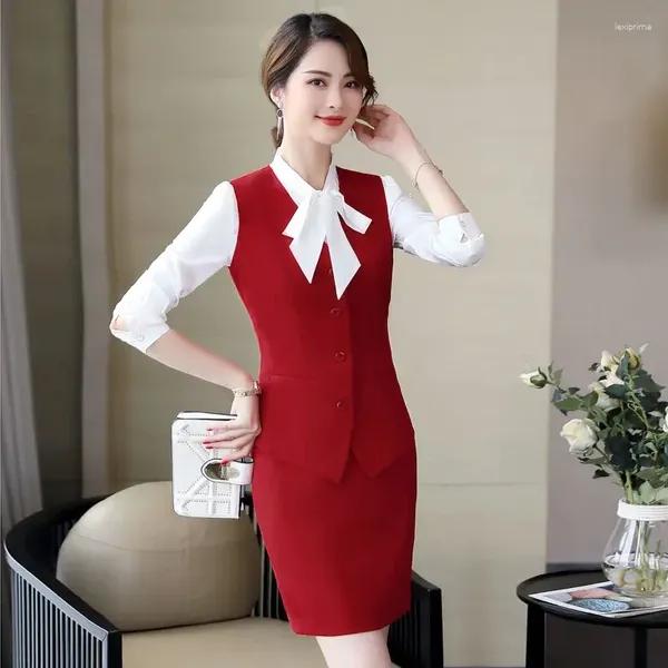 Vestido de duas peças formal colete feminino trabalho wear ternos senhoras 2 saia e colete conjunto negócios uniforme estilos vermelho