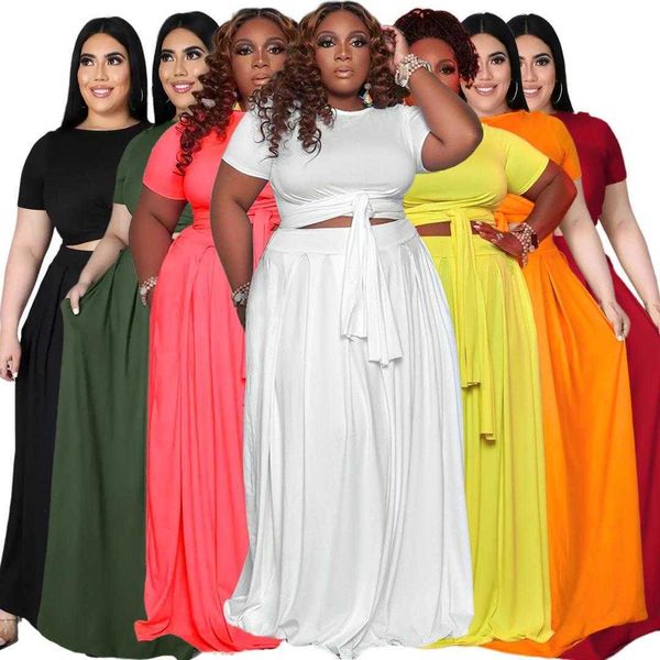 Moda artı boyutu kadınlar katı elbise renk çapraz dantel yukarı büyük salıncak etek iki parça