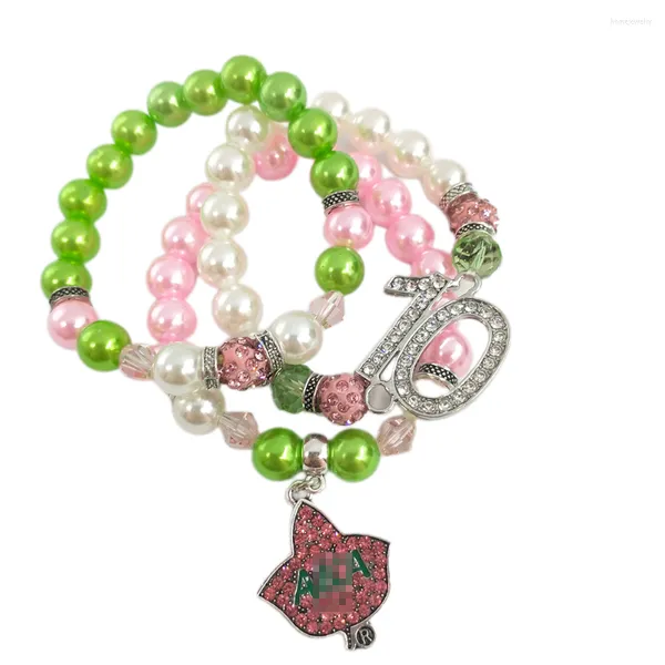 Strand Custom Hand Made Simple Elastic Pink Green Beads Greek Sorority Smalto Lettera Charms Braccialetto di moda Gioielli da donna