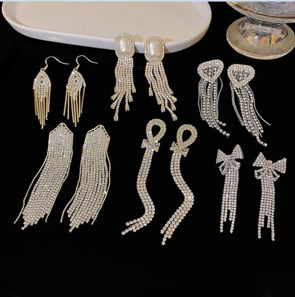Brincos de lustres de luxo Novo Brincos de lustre de cristal tassel brinco longo com 925 agulhas de prata para mulheres jóias de moda de festa pendunha
