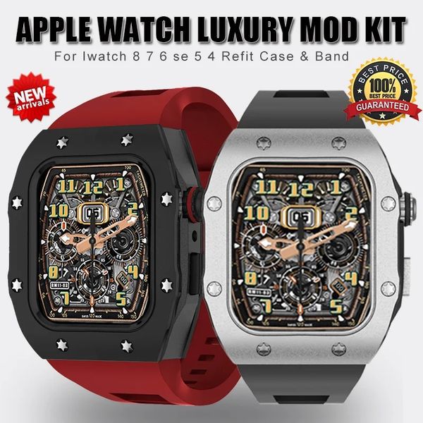 Lüks Modifikasyon Kiti Apple Watch için Kayış ile Kılıf 8 7 6 5 4 Metal Çerçeve Çerçeve İzle Bandı Iwatch Serisi 44mm 45mm Paslanmaz Çelik Kılıf