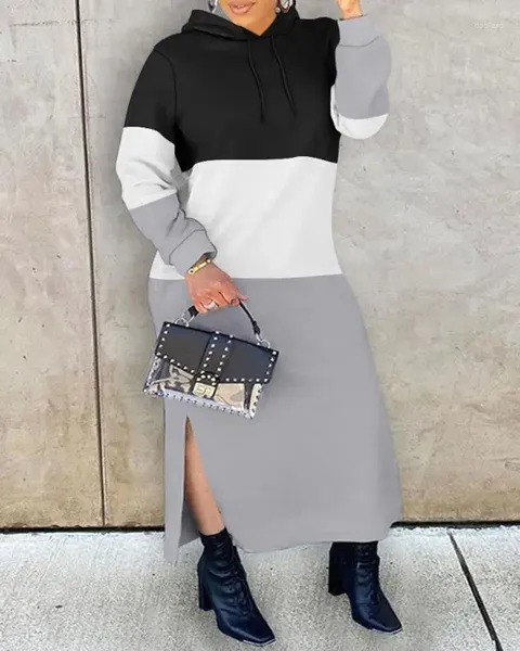 Повседневные платья женские 2023 осенняя мода с цветными блоками подол с разрезом и длинным рукавом повседневное прямое платье-толстовка до середины икры с капюшоном