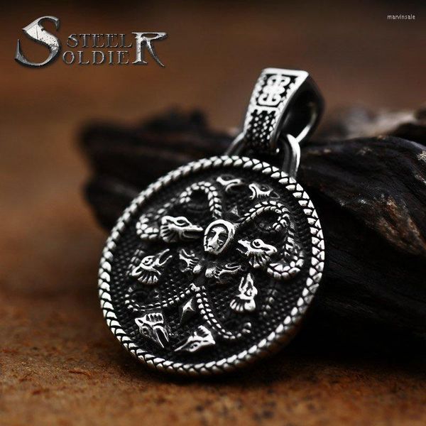Colares pendentes Soldado de aço Viking Men Men Stainless Chain Women Round Amulet Gift Jewelry