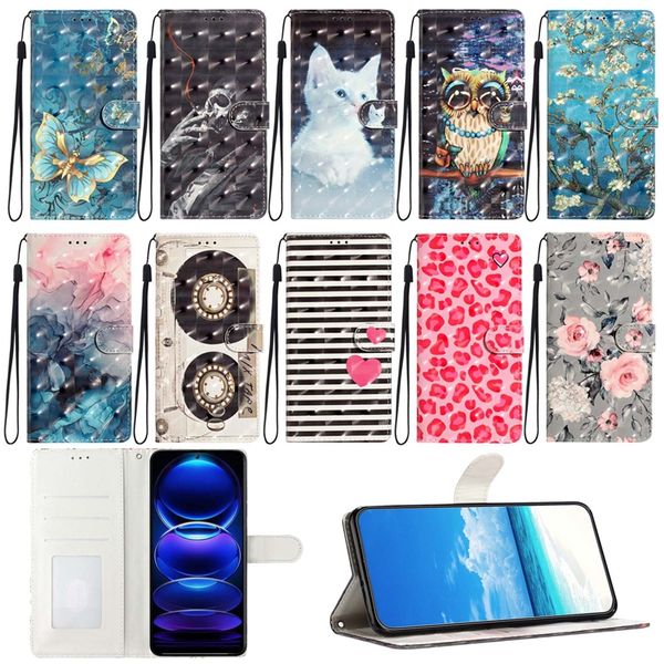 S24 3D PU Capa carteira de couro para Samsung S24 Ultra S24 Plus Flor Borboleta Mármore Coração Gato Fita Amante Coração Pedra Pedra Coruja Suporte de caveira Capa flip Bolsa para livro