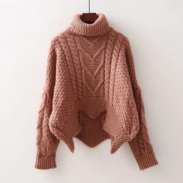 Damenpullover Vintage Fried Dough Twists Strickpullover Frauen Stehkragen Lose Kurz Top Vorne Hinten Lang Herbst Winter Verdickt