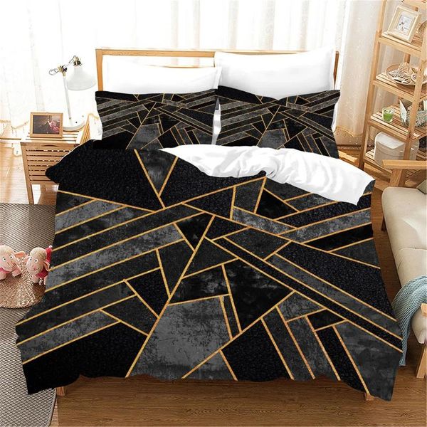 Conjuntos de cama Preto Mármore Textura Moderna Ouro Design Abstrato Poliéster Completa Cama Dupla Duveta Capa 2 Pcs Travesseiro