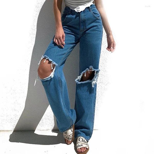 Jeans da donna Street Wear Pantaloni a campana Pantaloni larghi svasati strappati da donna Denim a gamba larga a vita alta