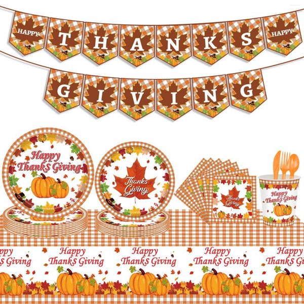 Stoviglie usa e getta Set di stoviglie per feste di zucca Ringraziamento Bicchiere di carta Piatto Asciugamano Coltello Cucchiaio Decorazione per adulti