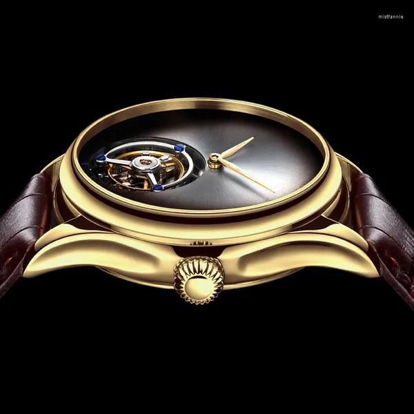 Armbanduhren Aesop Flying Tourbillon Mechanische Herrenuhr Mode Saphir Skelett Bewegung Gold Für Männer Rindsleder Kein Logo Einfacher Stil