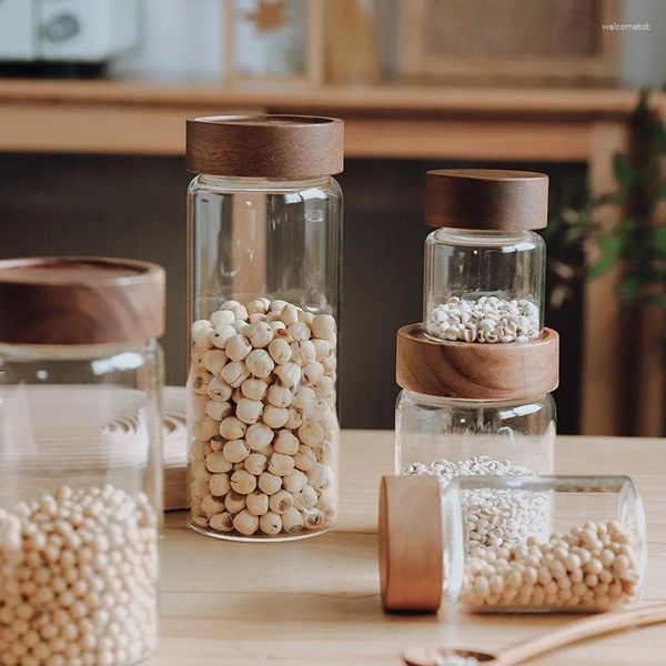 Bottiglie di stoccaggio Barattolo di vetro per uso alimentare domestico Chicchi di caffè Grani Tè Cucina giapponese sigillata con coperchio in legno