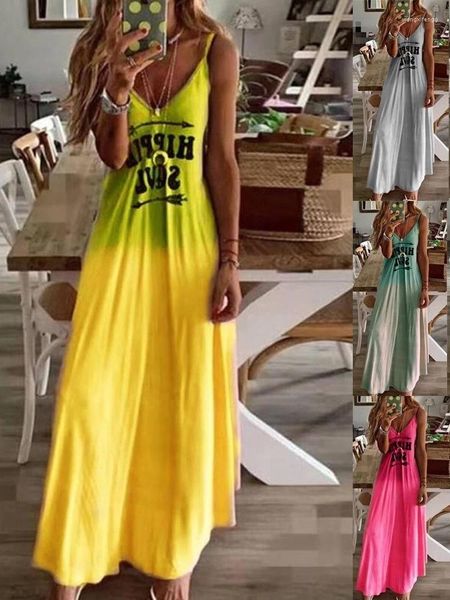 Abiti casual Hippie Soul Stampa Scollo a V Abito maxi allentato sfumato Donna Causale Senza maniche Beach Abiti lunghi ed eleganti per feste da club