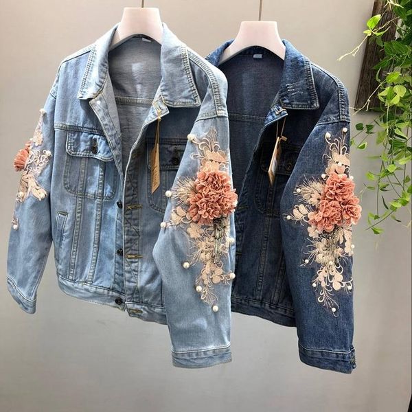 Damen Jacken 2023 Herbst Frauen Luxus Design Umlegekragen Langarm Stickerei 3D Blumen Sicken Denim Jeans Wasser Gewaschen Mantel Jac