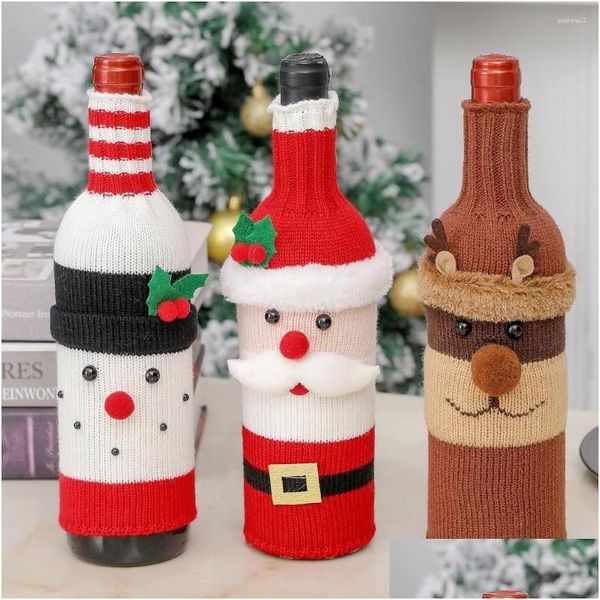 Decorazioni natalizie Decorazioni natalizie Babbo Natale Custodia per bottiglia di vino lavorata a maglia Alce Pupazzo di neve Panno rosso champagne 2023 Buon arredamento Felice anno Dhoak