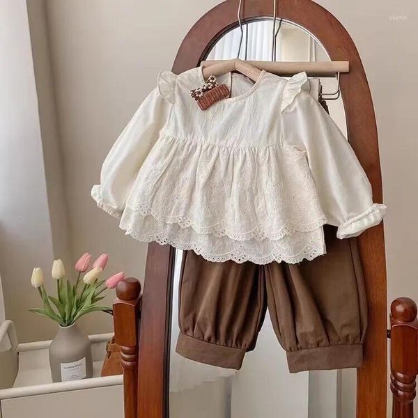 Conjuntos de roupas 2023 outono coreano crianças bebê meninas 2pcs roupas conjunto algodão manga longa rendas blusas cusual calças terno criança outifts