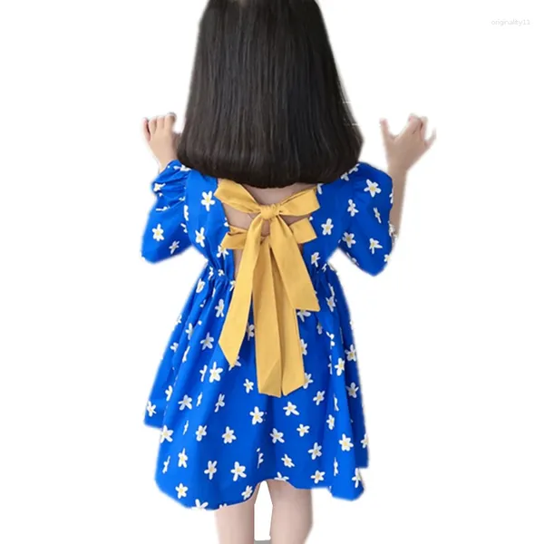 Mädchen Kleider Ankunft Baby Prinzessin Blumendruck Criss Cross Kleid für Mädchen Sommer Kleidung Kleinkind Kind Blau Farbe Alter 2-7 Jahre