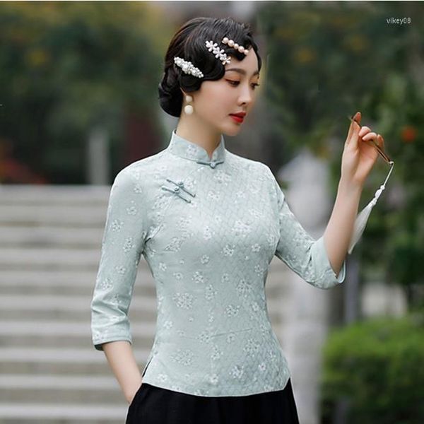 Lässige Kleider Party Prom Cheongsams Vintage elegante Frauen dünnes Hemd Qipao klassisches Kleid im chinesischen Stil mit Blumendruck traditionelles Top-Kleid