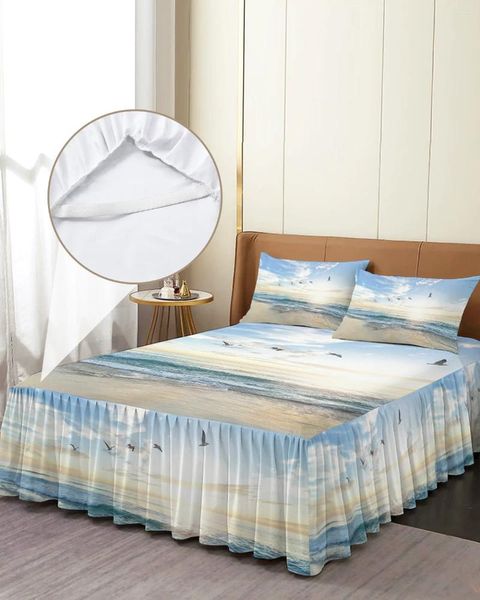 Gonna da letto Pittura di paesaggi marini al tramonto Copriletto elastico con angoli con federe Coprimaterasso Set di lenzuola