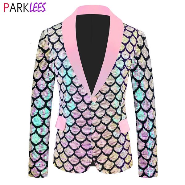 Herrenanzüge Blazer Rosa Fischschuppen Pailletten Glitzer Samt Blazer Männer Slim Fit One Button Glänzende Anzugjacke Herren Hochzeit Party Abendessen Kostüm Homme 231102