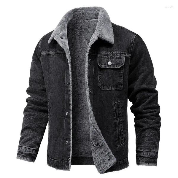 Jaquetas Masculinas Inverno Moda Jaqueta Lapela Cordeiro Cabelo Engrossado Denim Casual Apertado e Quente Tamanho Grande