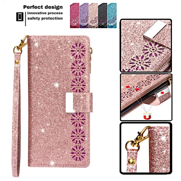 Capa de couro com carteira magnética brilhante para iPhone 15 14 11 13 12 Pro Max XS Max XR 8 7 14 Plus Slots para cartões Bolsa carteira com suporte magnético Capa para telefone com pulseira