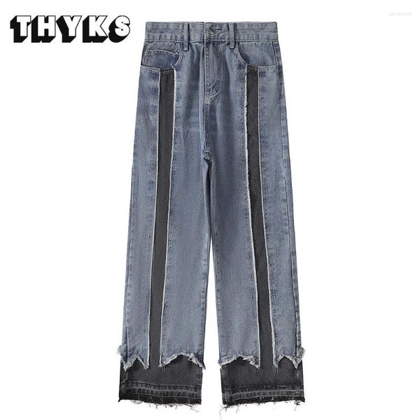 Jeans masculinos hip hop homens oversized perna reta falso dois denim calças verão alta rua rasgado calças masculinas roupas 2023 streetwear