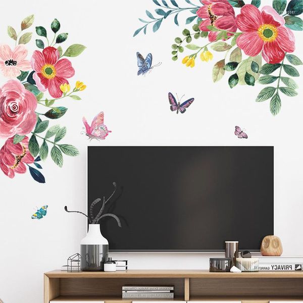 Wandaufkleber Schmetterling Rote Blumen Schlafzimmer Mädchen Zimmer Dekoration Wohnzimmer Hintergrund Wandbild Dekor Tapete